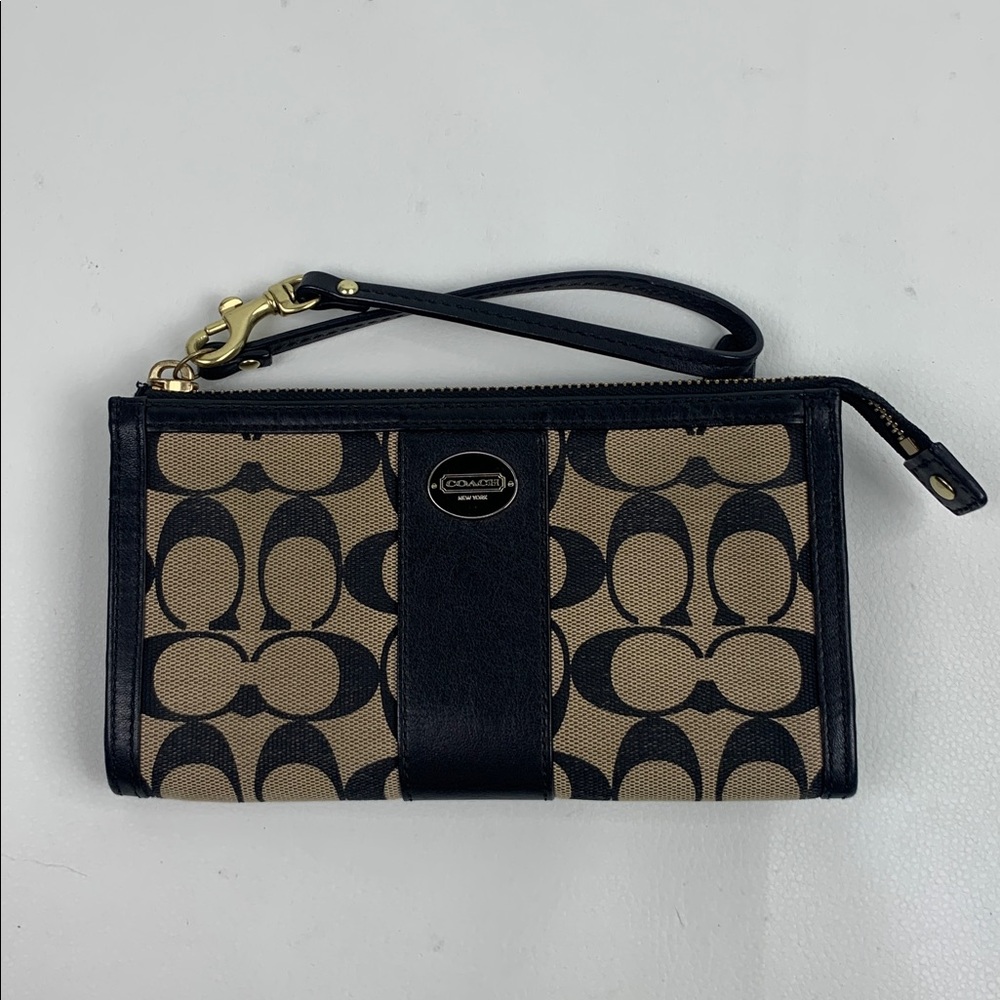 Coach Signature Jacquard Black and Tan Wristlet wallet Gold zipper Pockets EUC - Picture 12 of 15